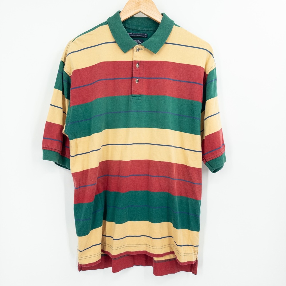 Vintage 90s Dockers by Levis Rugby Polo Shirt Mens L Striped Green Red Yellow‎